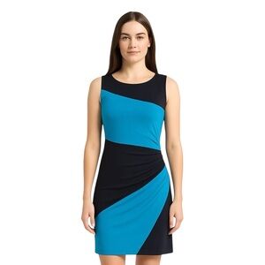 Musette Colorblock Sheath Dress 10 Teal Navy 90s Minimal Stretch Fit Sleeveless